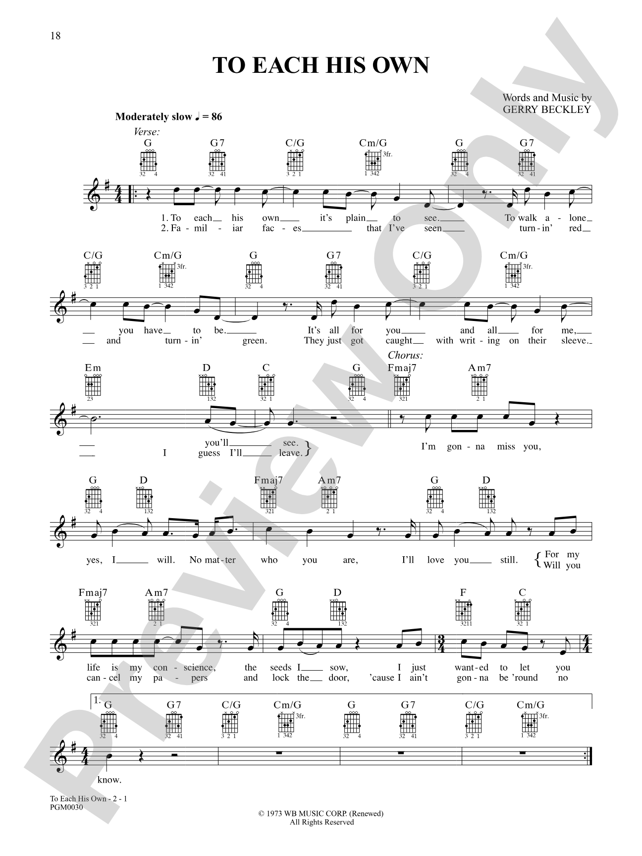 To Each His Own: Interm./Easy Guitar TAB