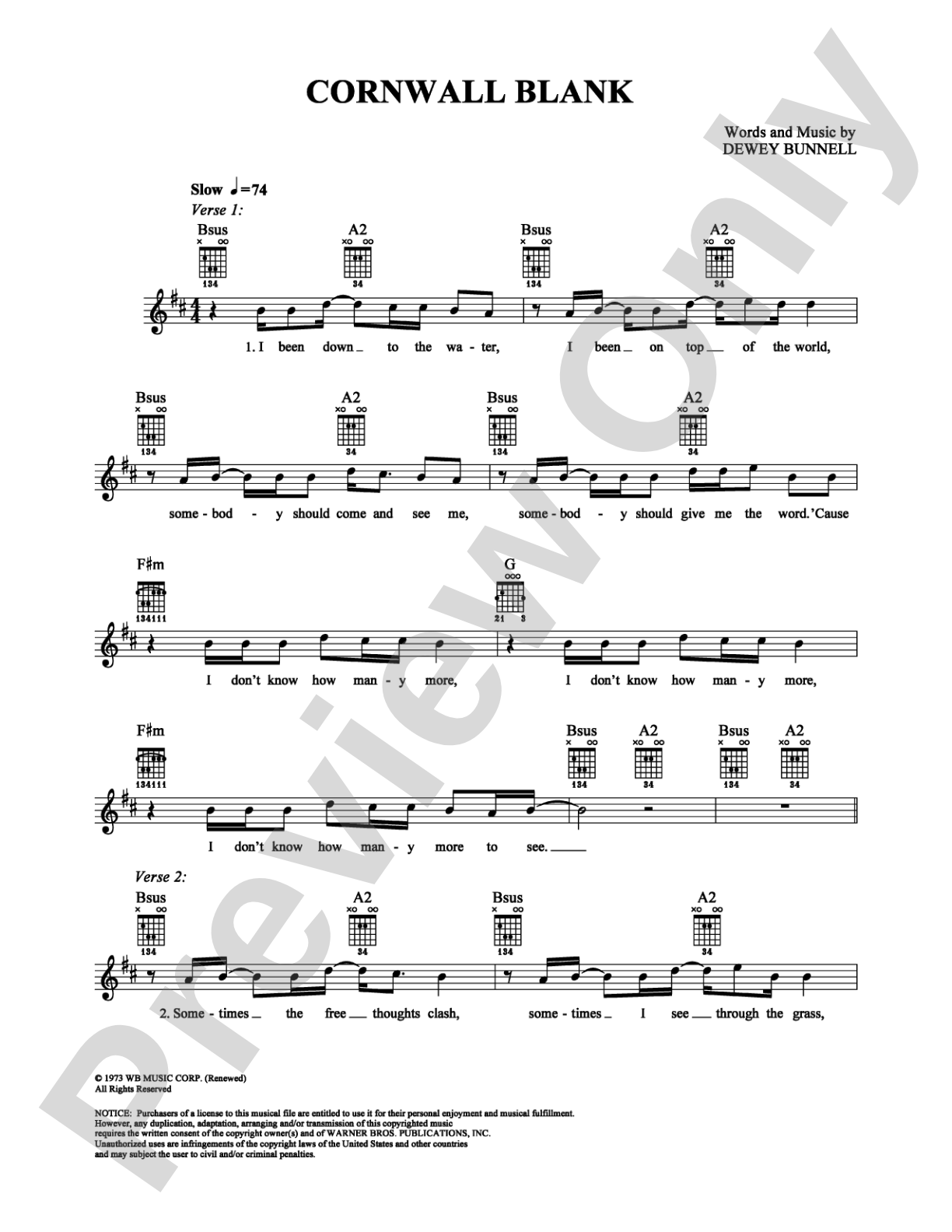 Cornwall Blank: Easy Guitar Digital Sheet Music