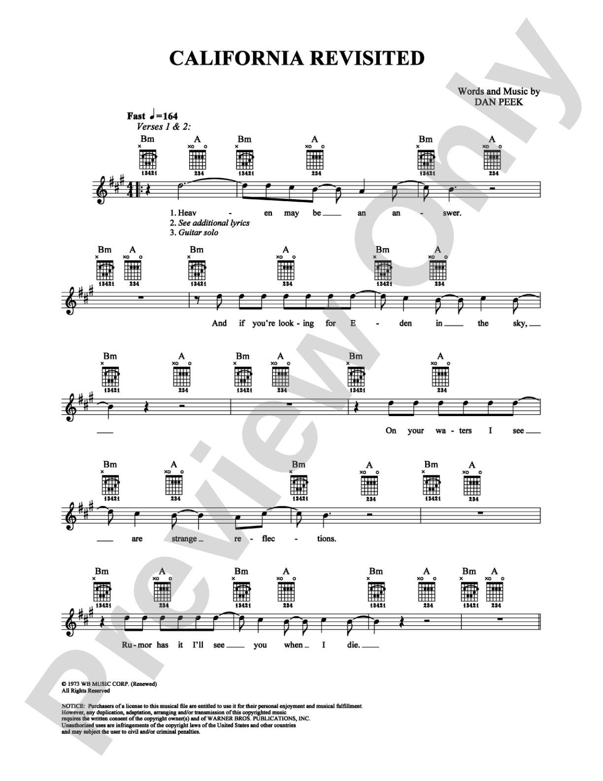 California Revisited: Easy Guitar Digital Sheet Music