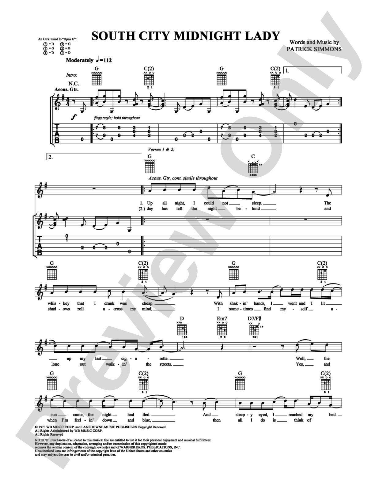 South City Midnight Lady: Easy Guitar Digital Sheet Music