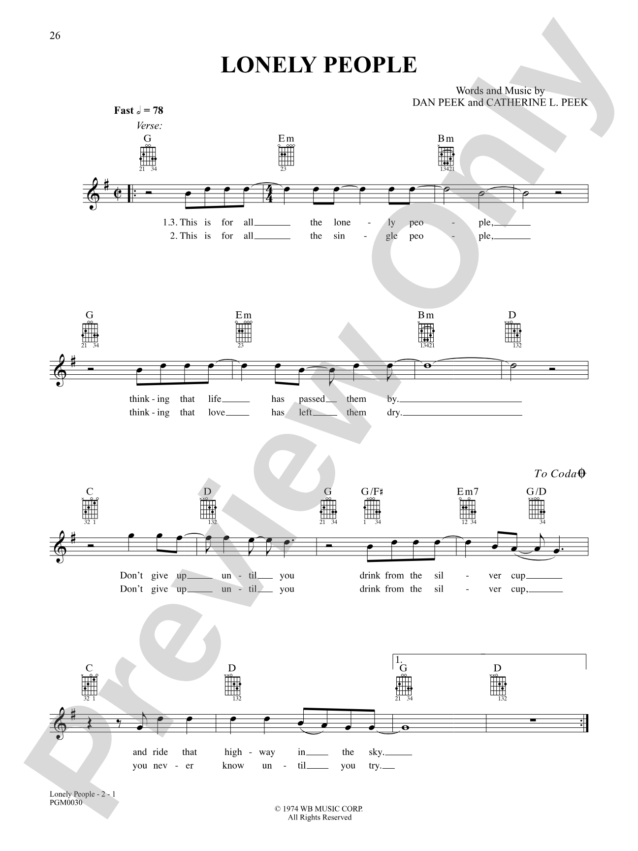 Lonely People: Interm./Easy Guitar TAB