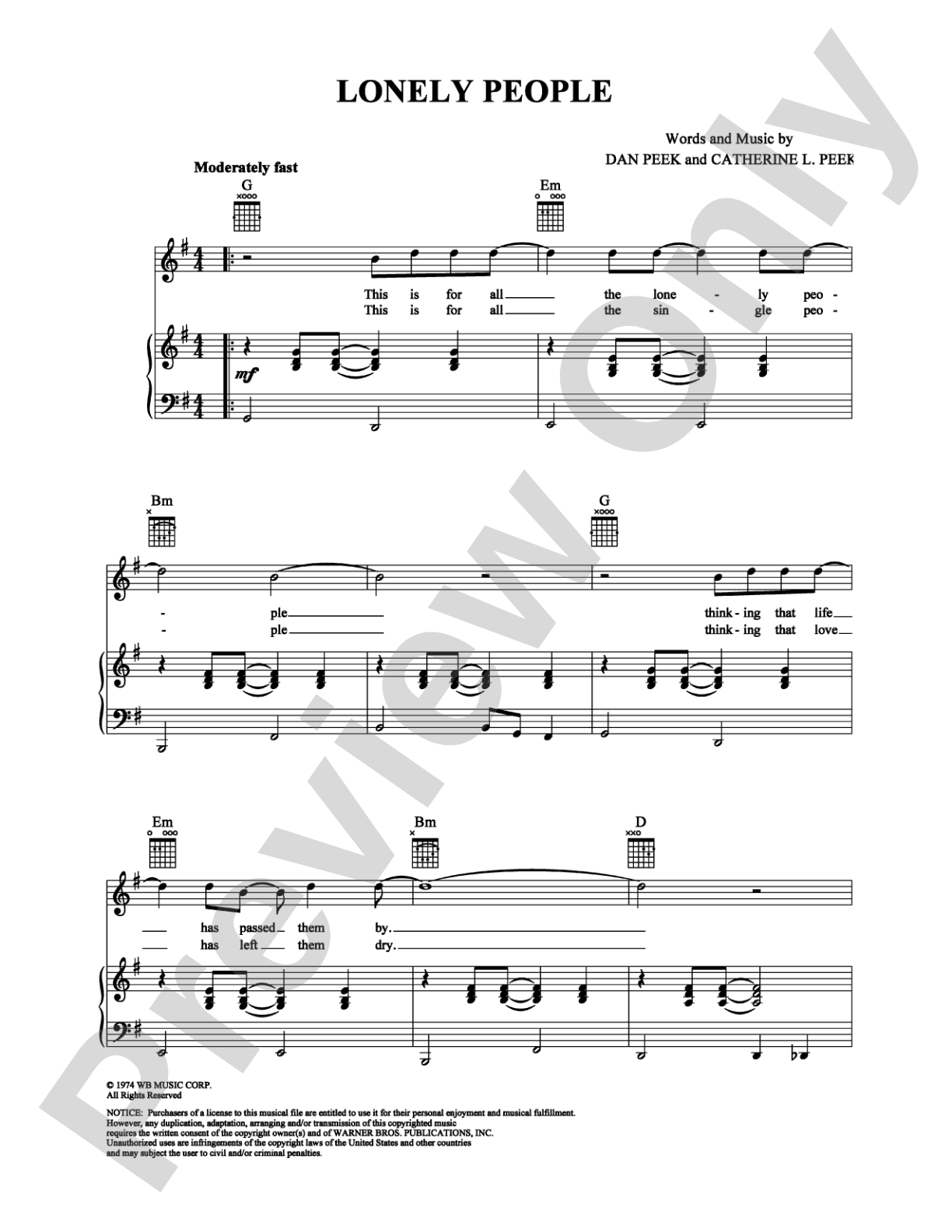Lonely People: Piano/Vocal/Chords Digital Sheet Music