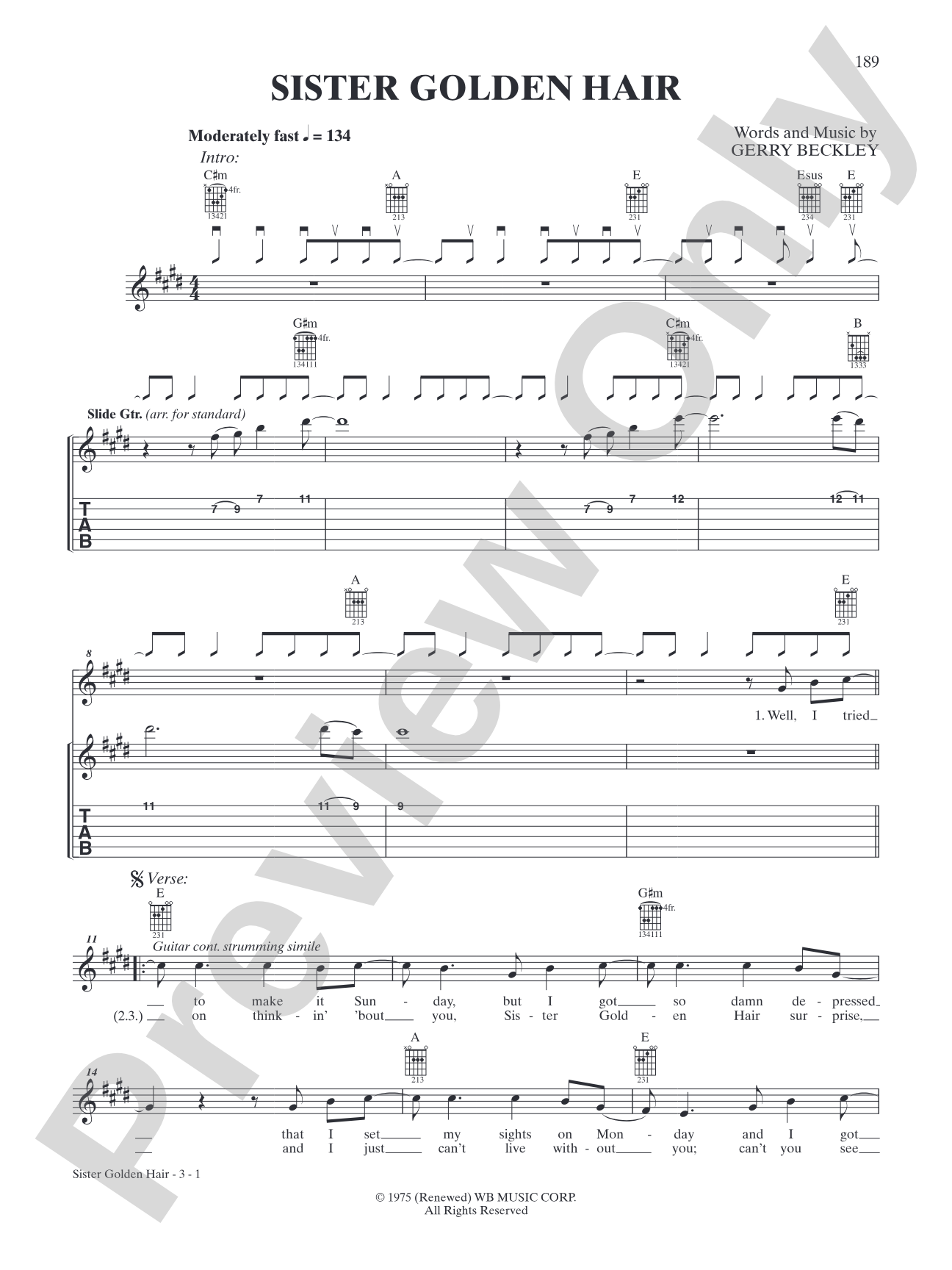 Sister Golden Hair: Interm./Easy Guitar TAB