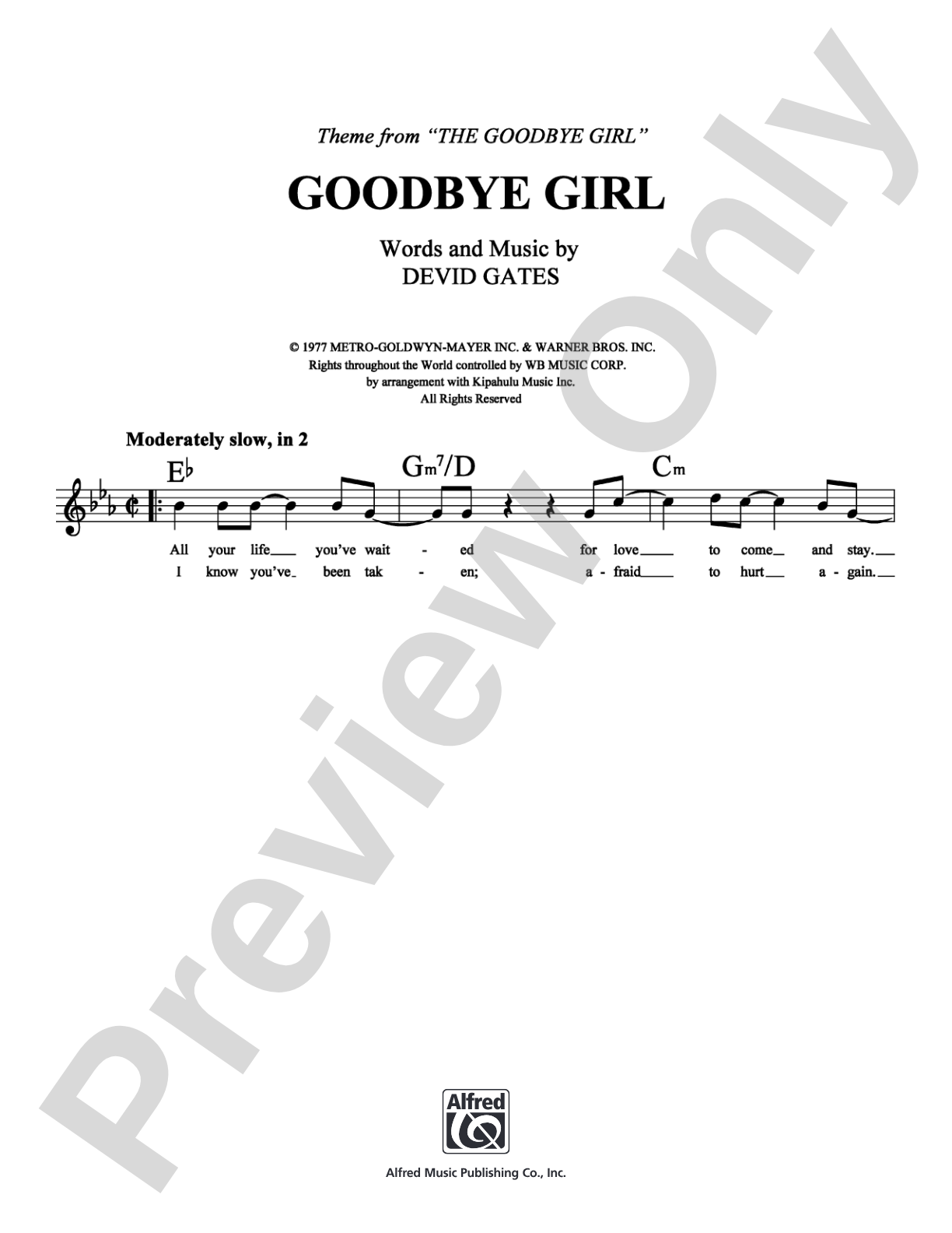 Goodbye Girl: Piano/Vocal/Chords Digital Sheet Music