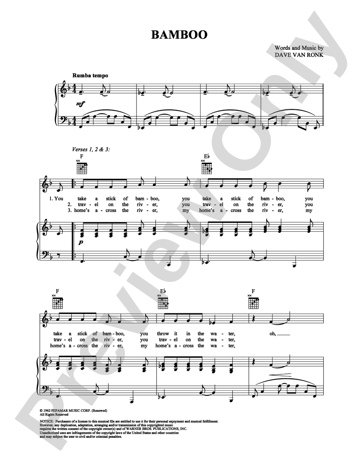 Bamboo: Piano/Vocal/Chords Digital Sheet Music