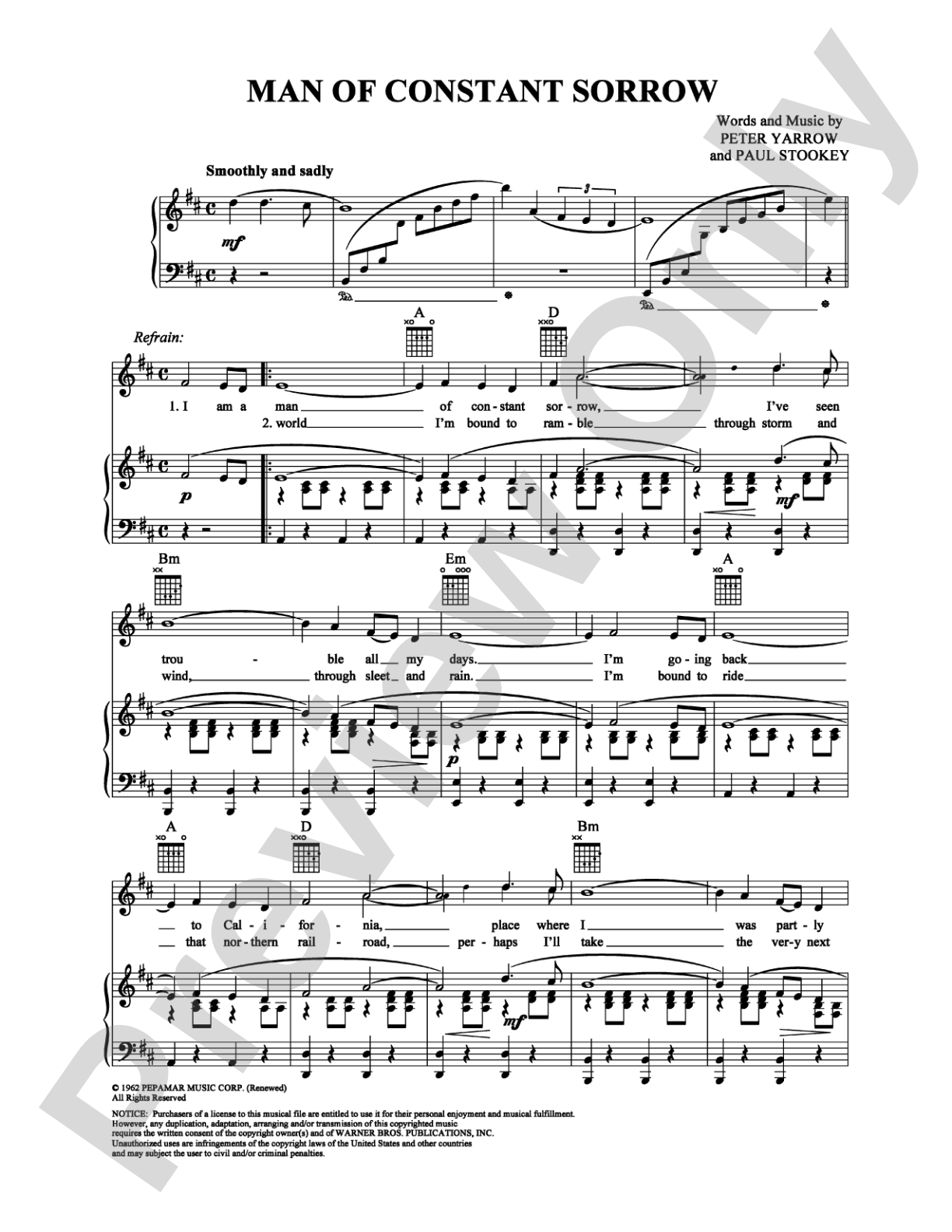 Man of Constant Sorrow: Piano/Vocal/Chords Digital Sheet Music