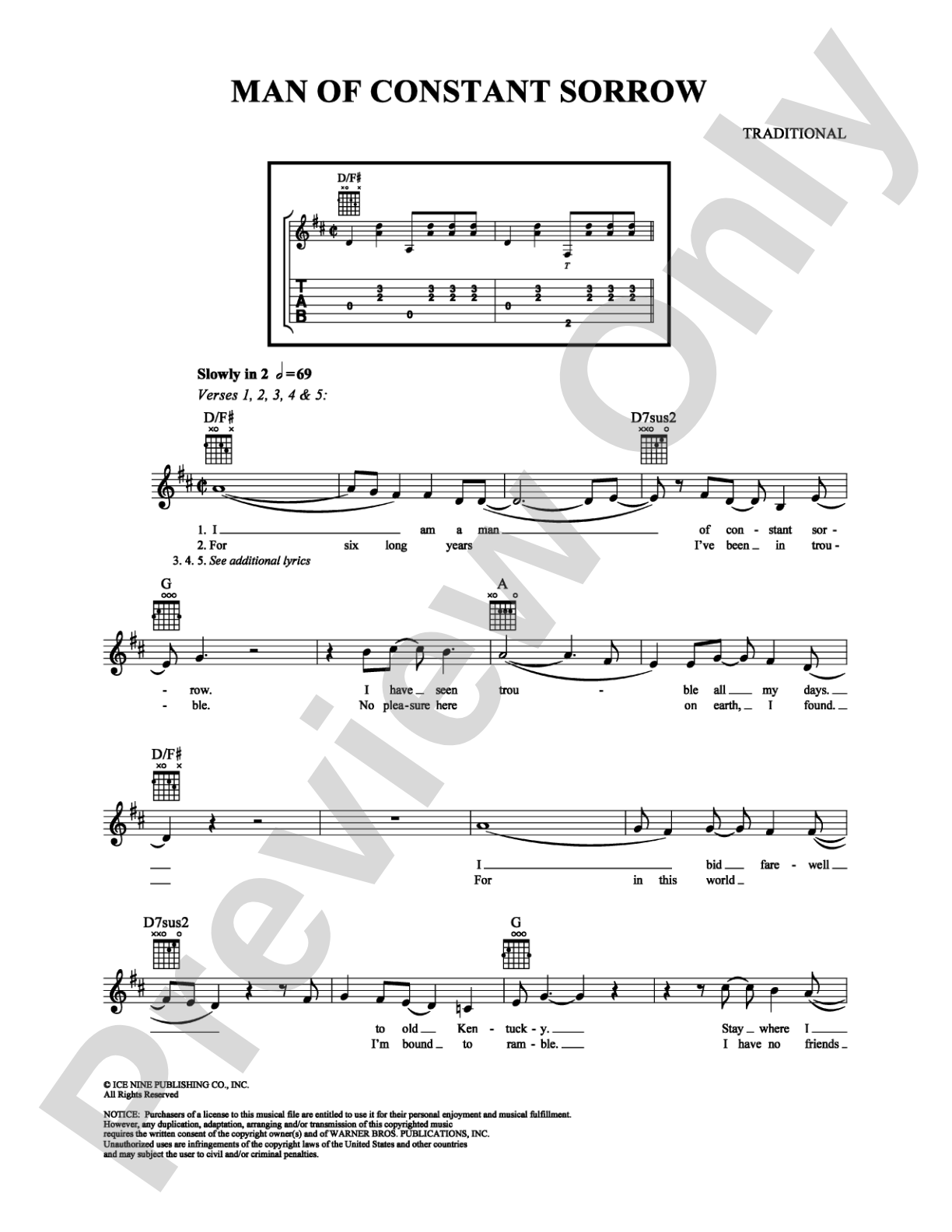 Man of Constant Sorrow: Easy Guitar Digital Sheet Music