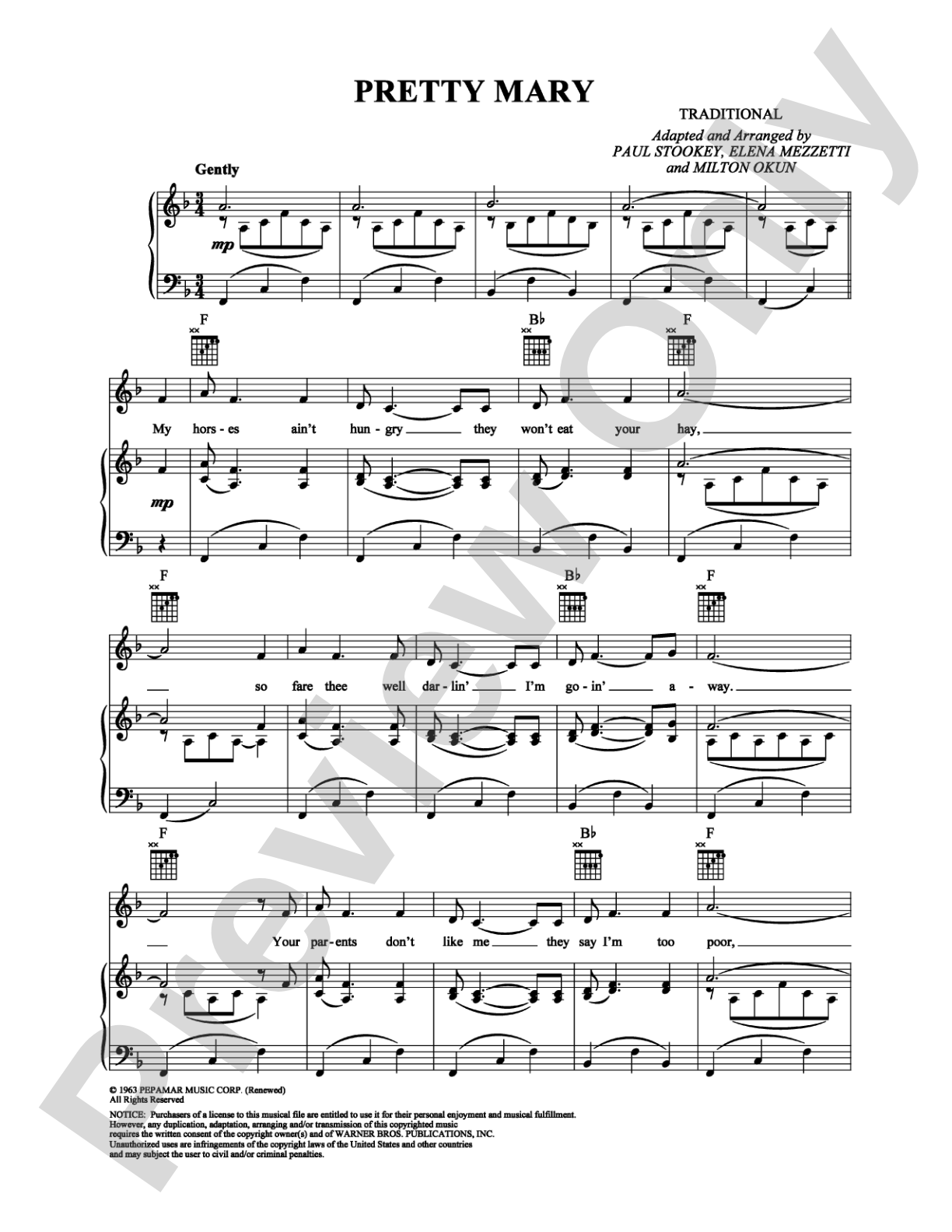 Pretty Mary: Piano/Vocal/Chords Digital Sheet Music