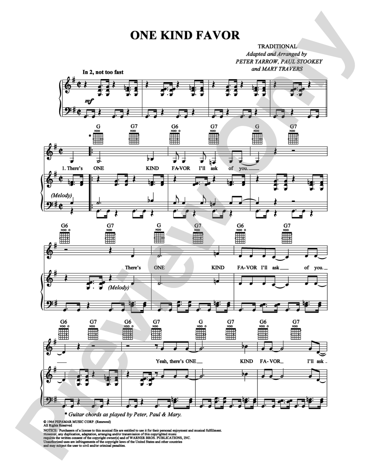 One Kind Favor: Piano/Vocal/Chords Digital Sheet Music
