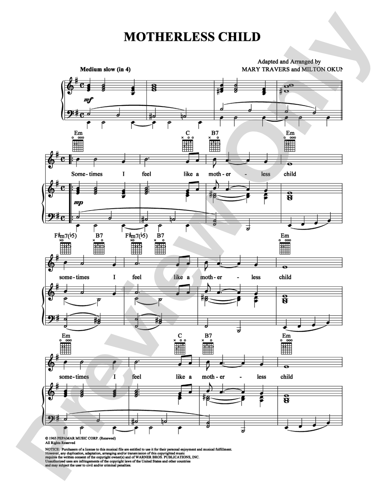 Motherless Child: Piano/Vocal/Chords Digital Sheet Music
