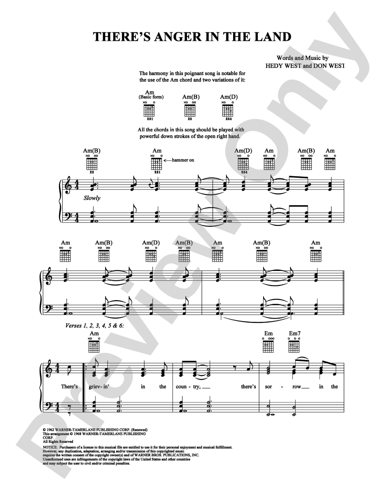 There's Anger in the Land: Piano/Vocal/Chords Digital Sheet Music