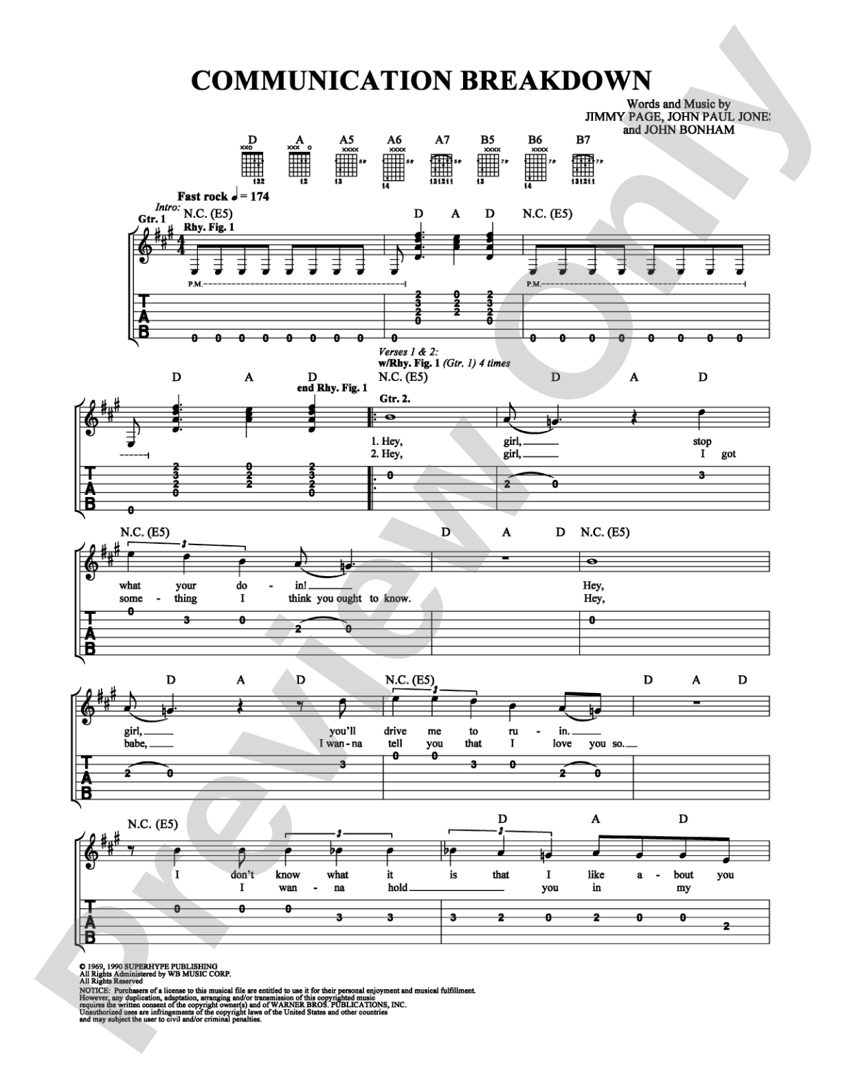 Communication Breakdown: Easy Guitar Digital Sheet Music