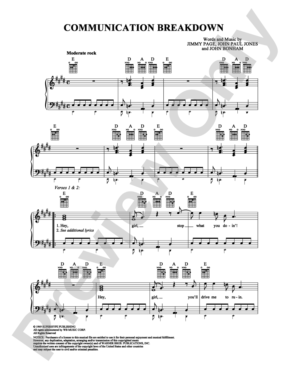 Communication Breakdown: Piano/Vocal/Chords Digital Sheet Music