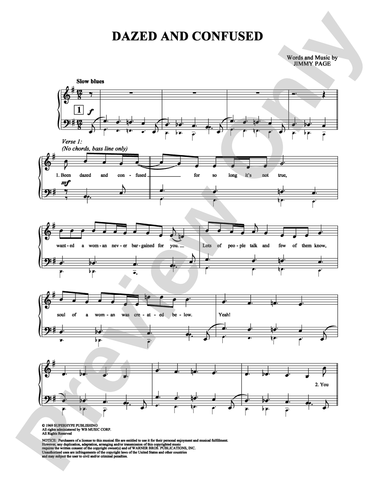 Dazed and Confused: Piano/Vocal/Chords Digital Sheet Music