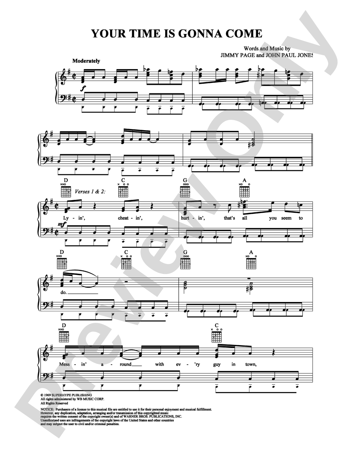 Your Time is Gonna Come: Piano/Vocal/Chords Digital Sheet Music