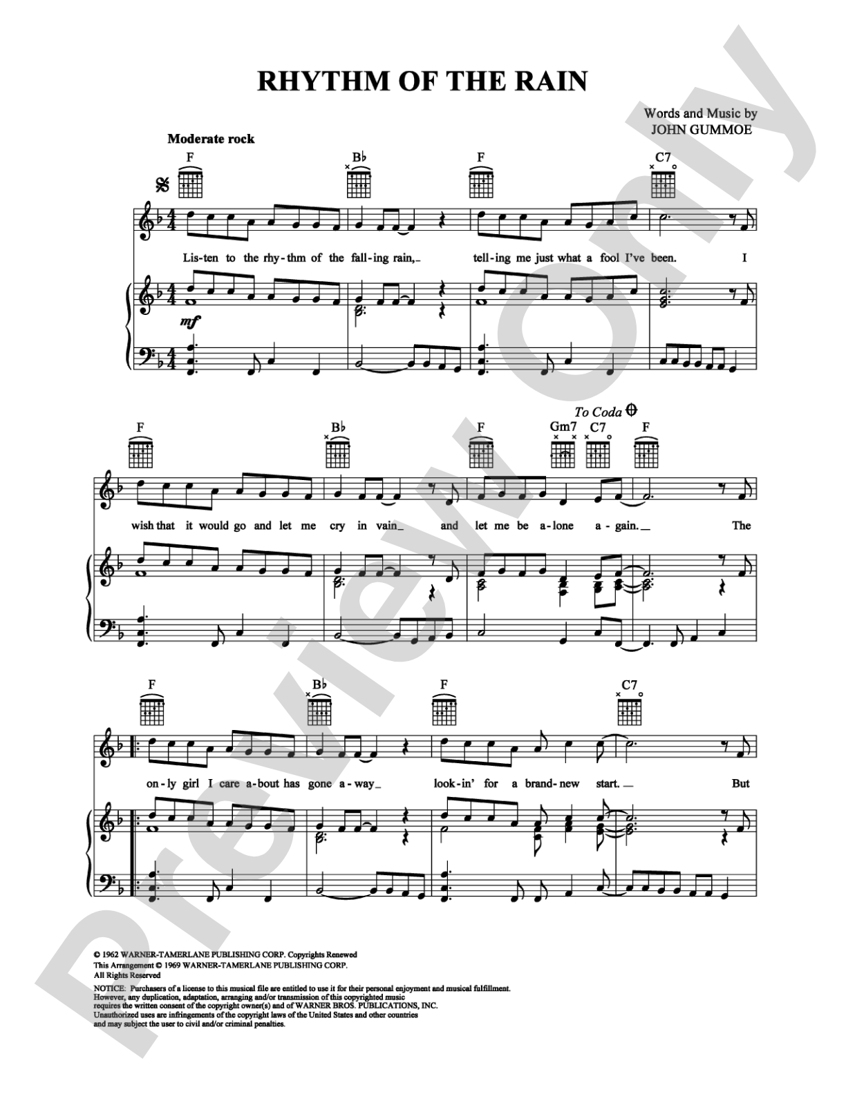 Rhythm of the Rain: Piano/Vocal/Chords Digital Sheet Music