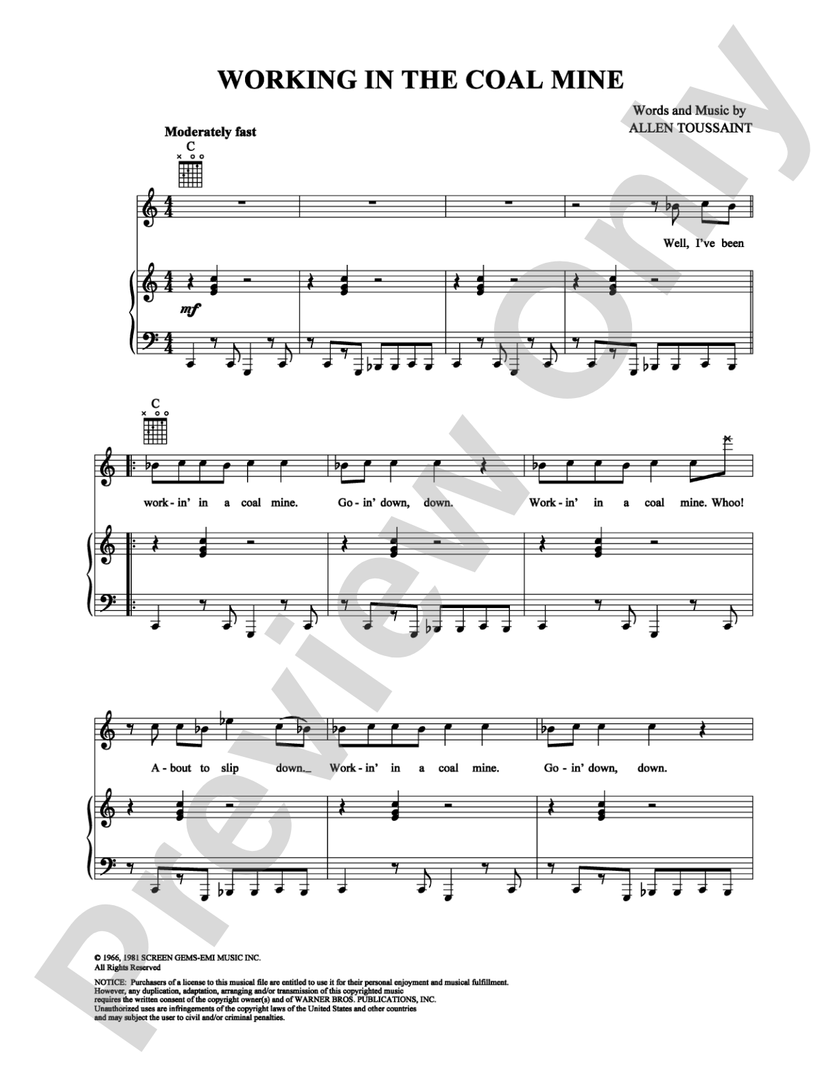 Working in the Coal Mine: Piano/Vocal/Chords Digital Sheet Music
