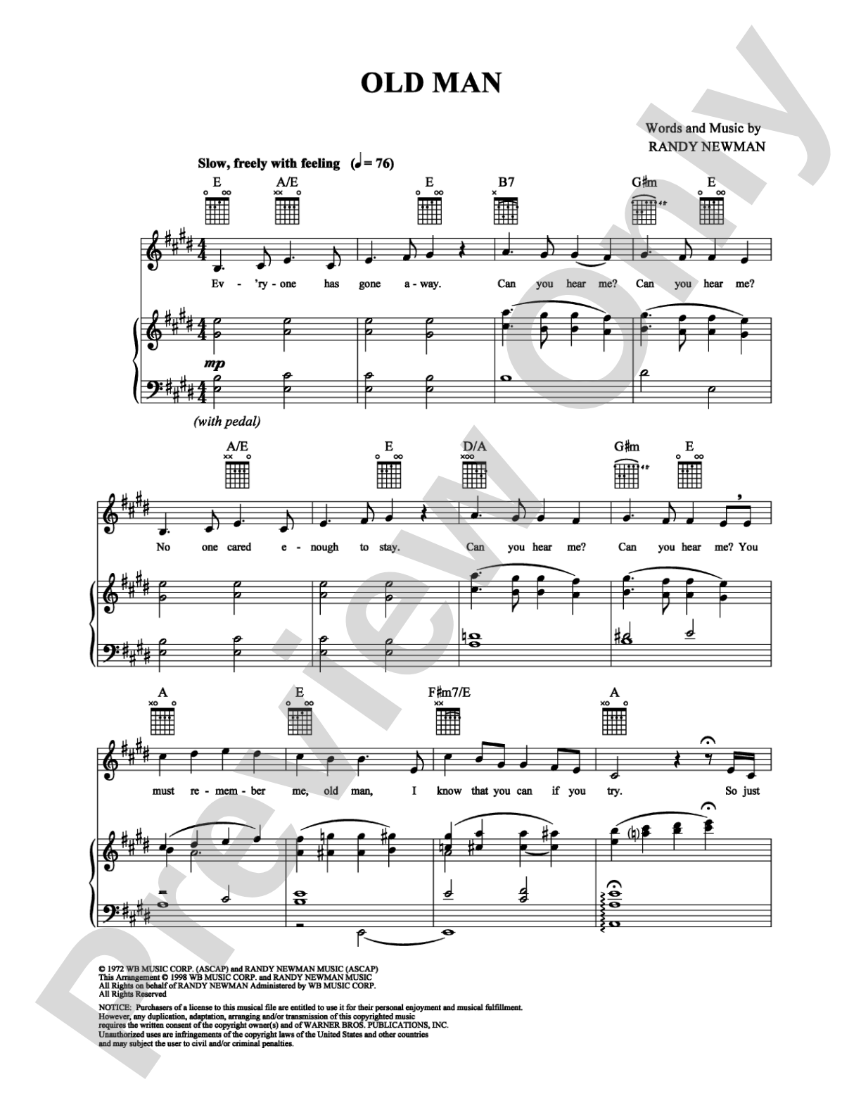 Old Man: Piano/Vocal/Chords Digital Sheet Music