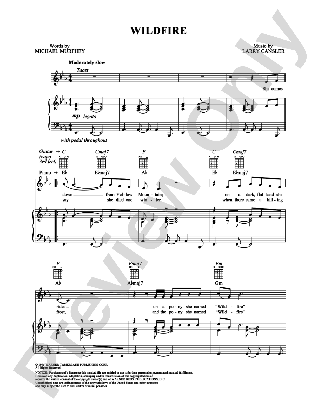 Wildfire: Piano/Vocal/Chords Digital Sheet Music