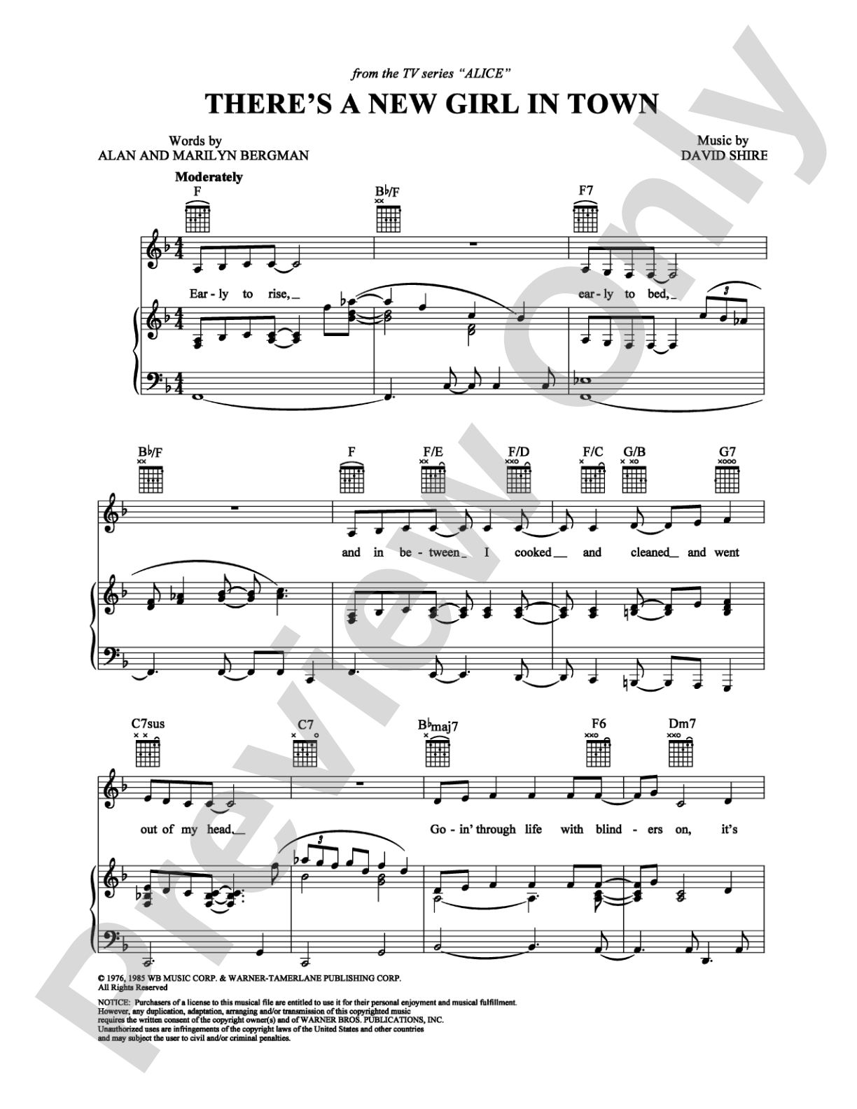 There's a New Girl in Town: Piano/Vocal/Chords Digital Sheet Music