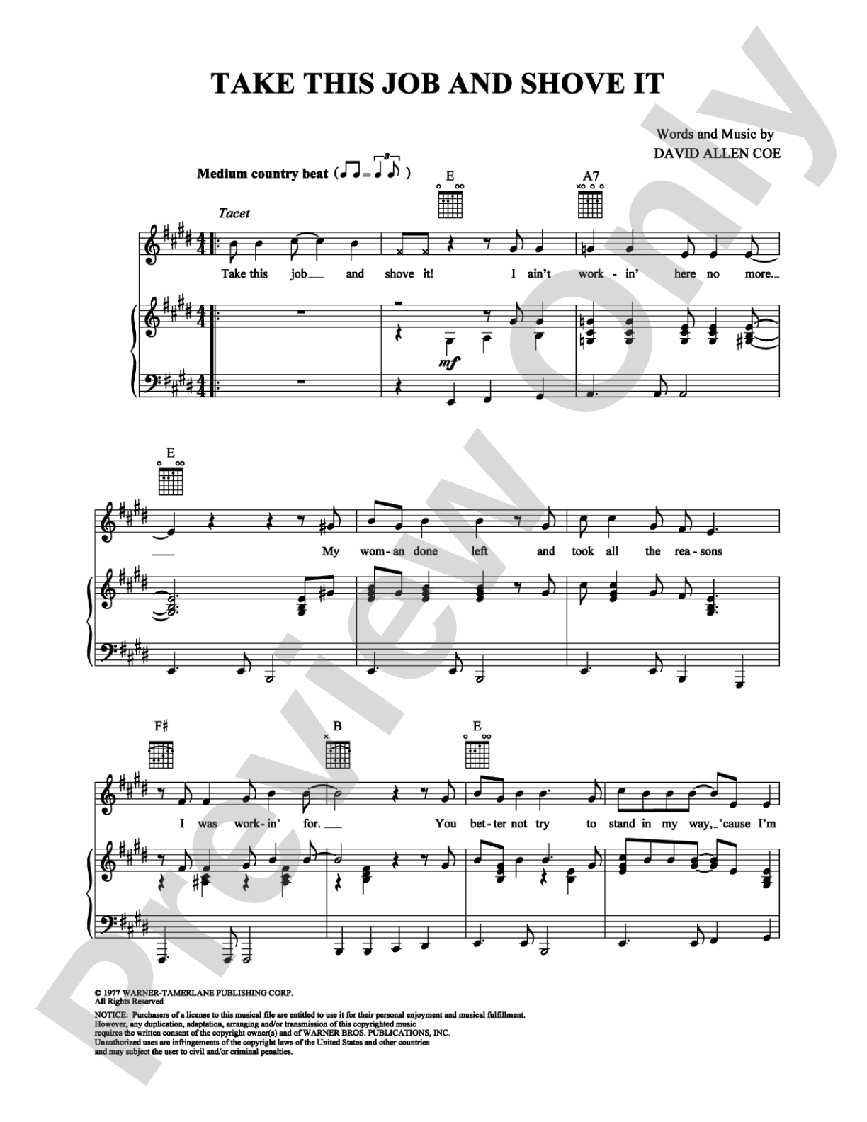 Take This Job and Shove It: Piano/Vocal/Chords Digital Sheet Music