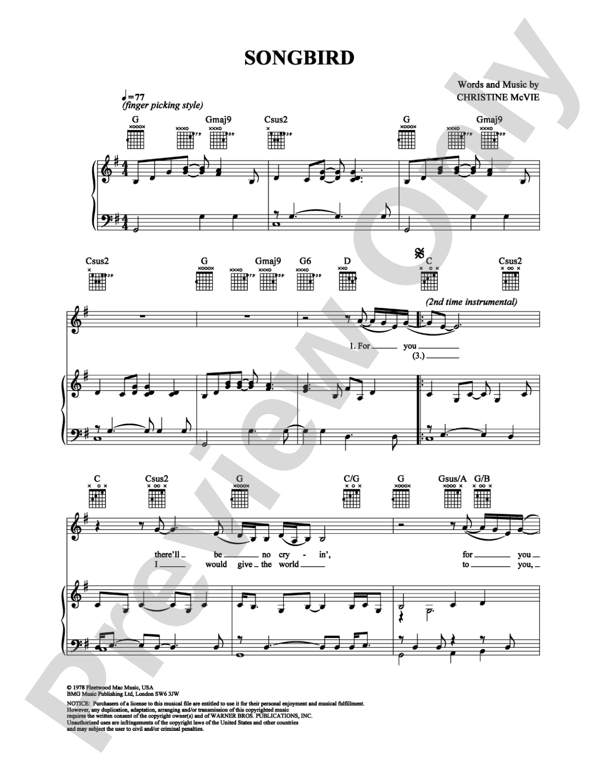 Songbird: Piano/Vocal/Chords Digital Sheet Music
