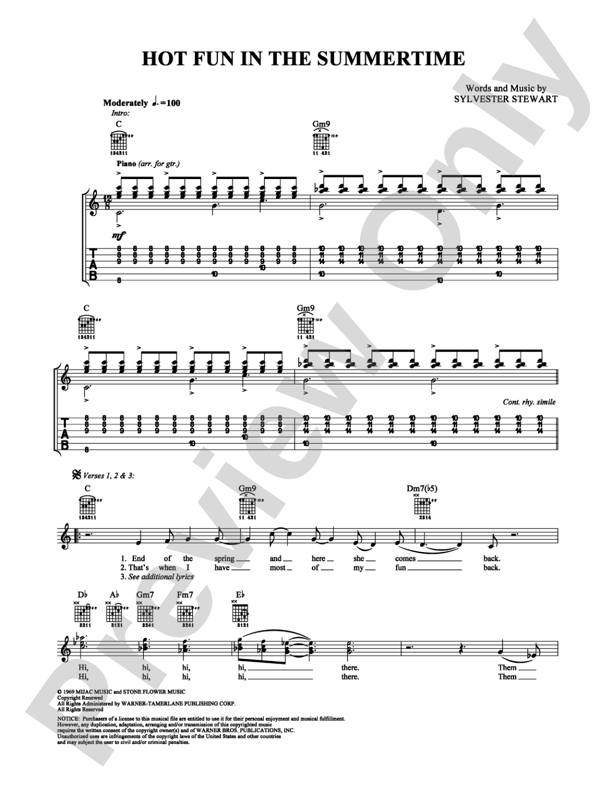 Hot Fun in the Summertime: Guitar TAB Digital Sheet Music