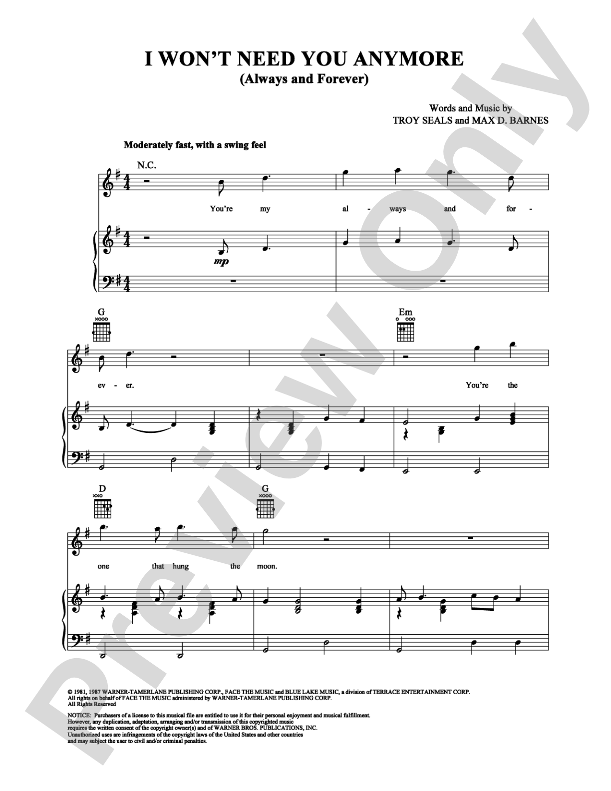 I Won't Need You Anymore  (Always and Forever): Piano/Vocal/Chords Digital Sheet Music