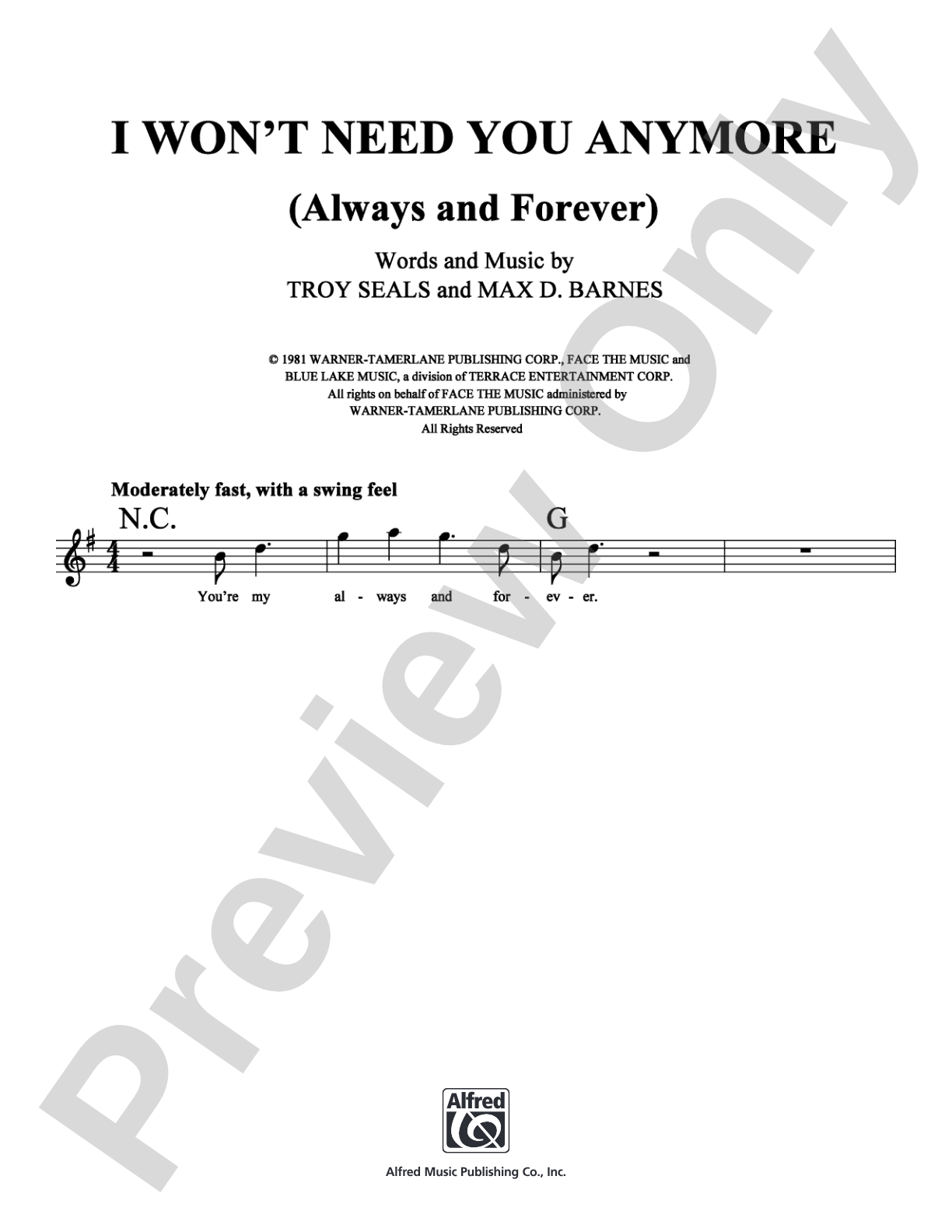 I Won't Need You Anymore  (Always and Forever): Lead Sheet Digital Sheet Music