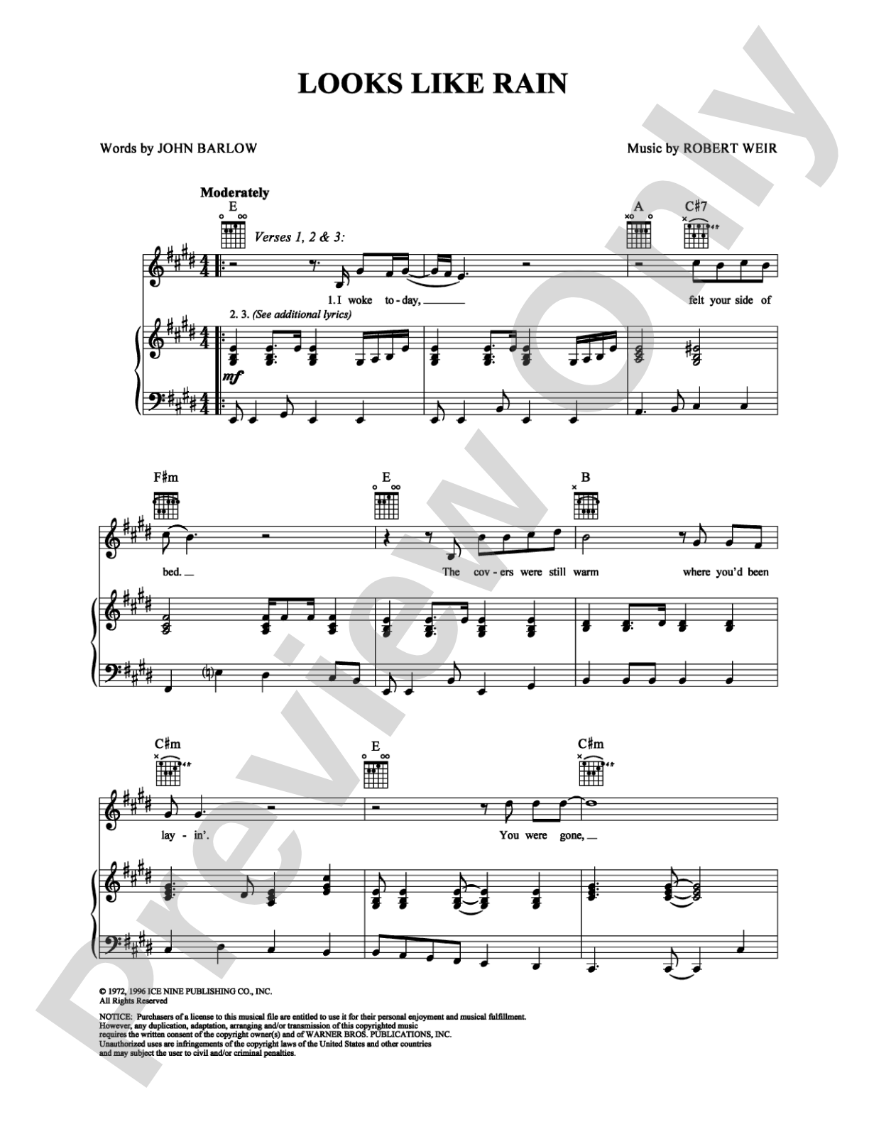 Looks Like Rain: Piano/Vocal/Chords Digital Sheet Music