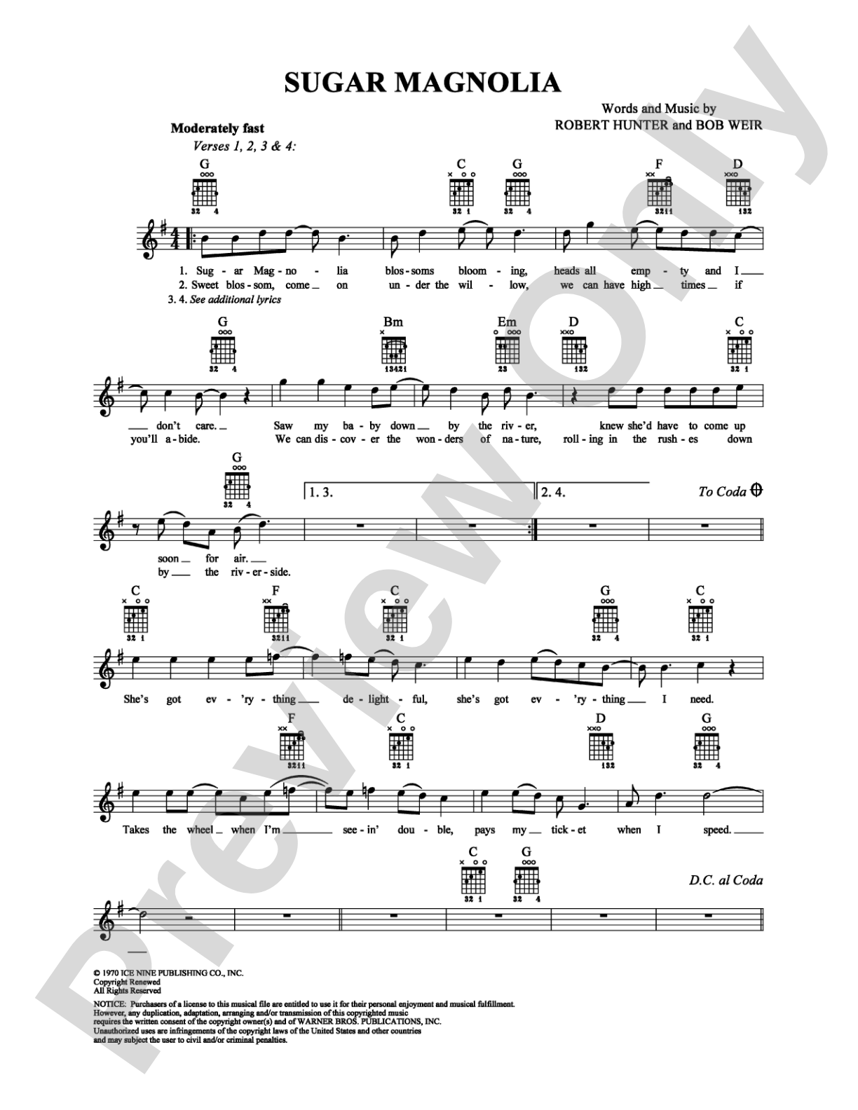 Sugar Magnolia: Easy Guitar Digital Sheet Music