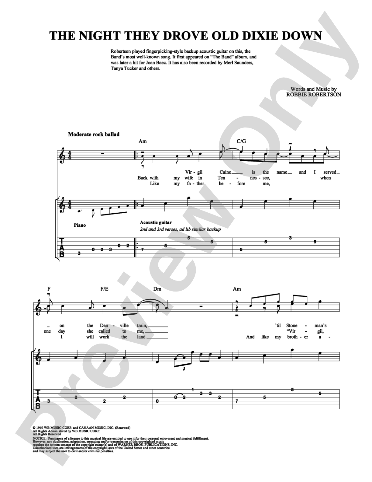 Night They Drove Old Dixie Down, The: Guitar TAB Digital Sheet Music