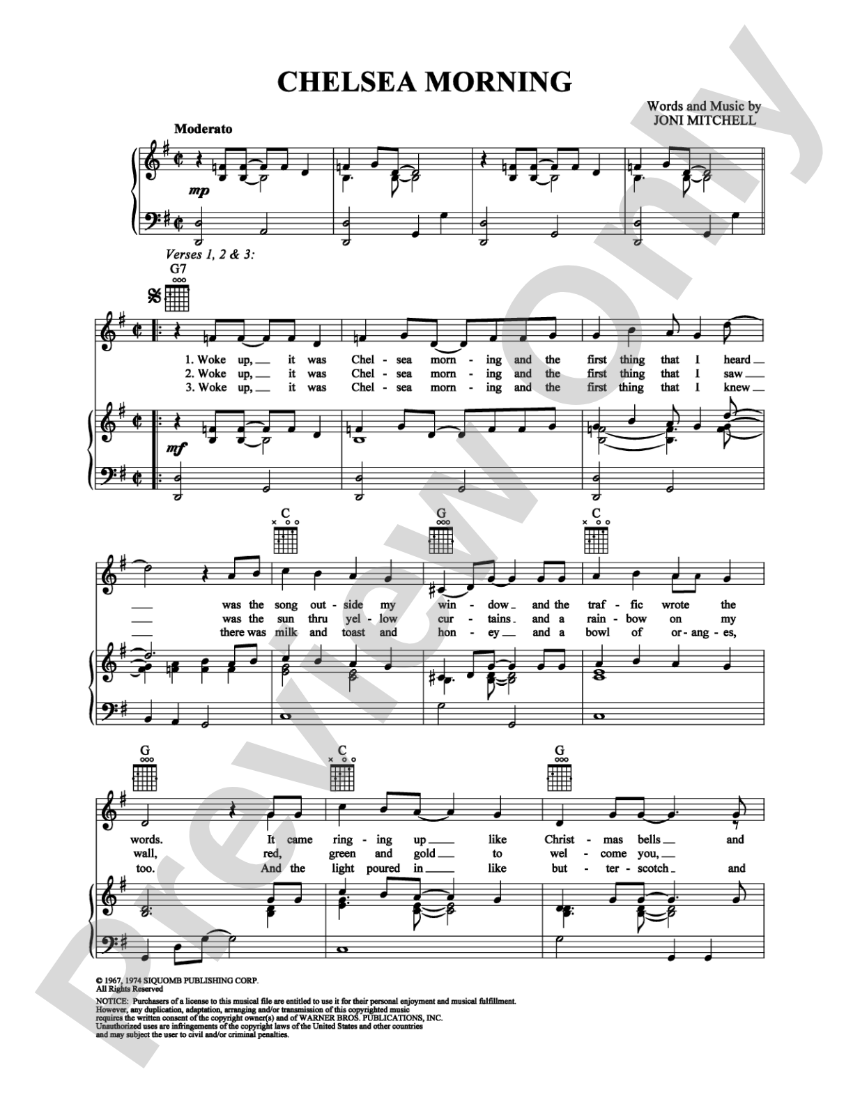 Chelsea Morning: Piano/Vocal/Chords Digital Sheet Music