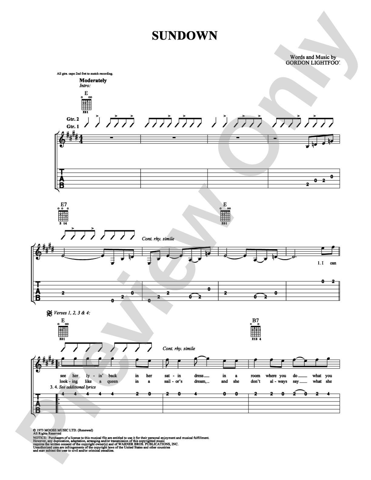 Sundown: Easy Guitar Digital Sheet Music