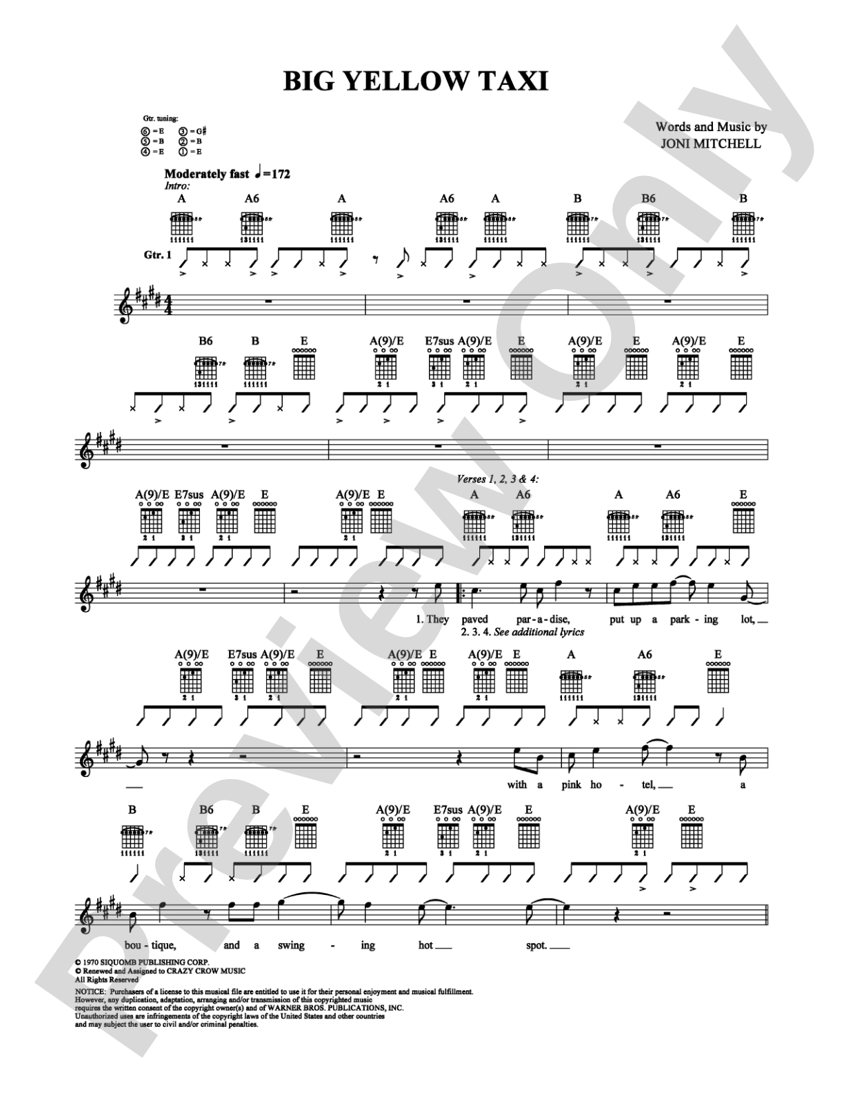 Big Yellow Taxi: Easy Guitar Digital Sheet Music