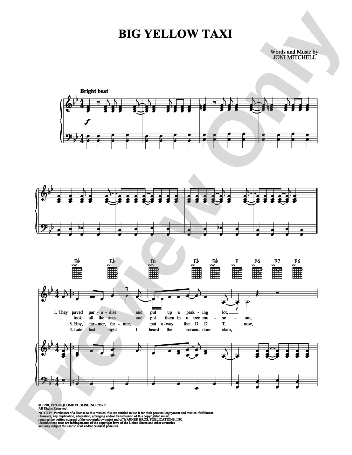 Big Yellow Taxi: Piano/Vocal/Chords Digital Sheet Music