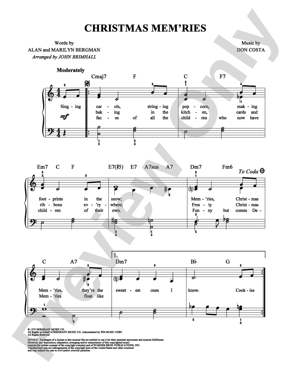 Christmas Mem'ries: Easy Piano Digital Sheet Music