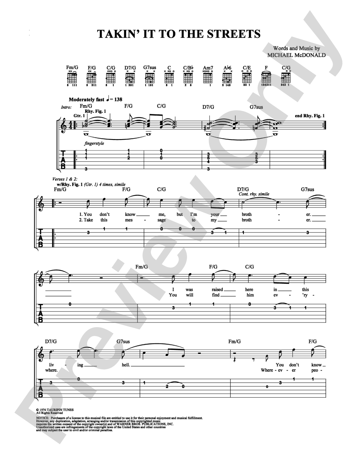 Takin' It To The Streets: Easy Guitar Digital Sheet Music