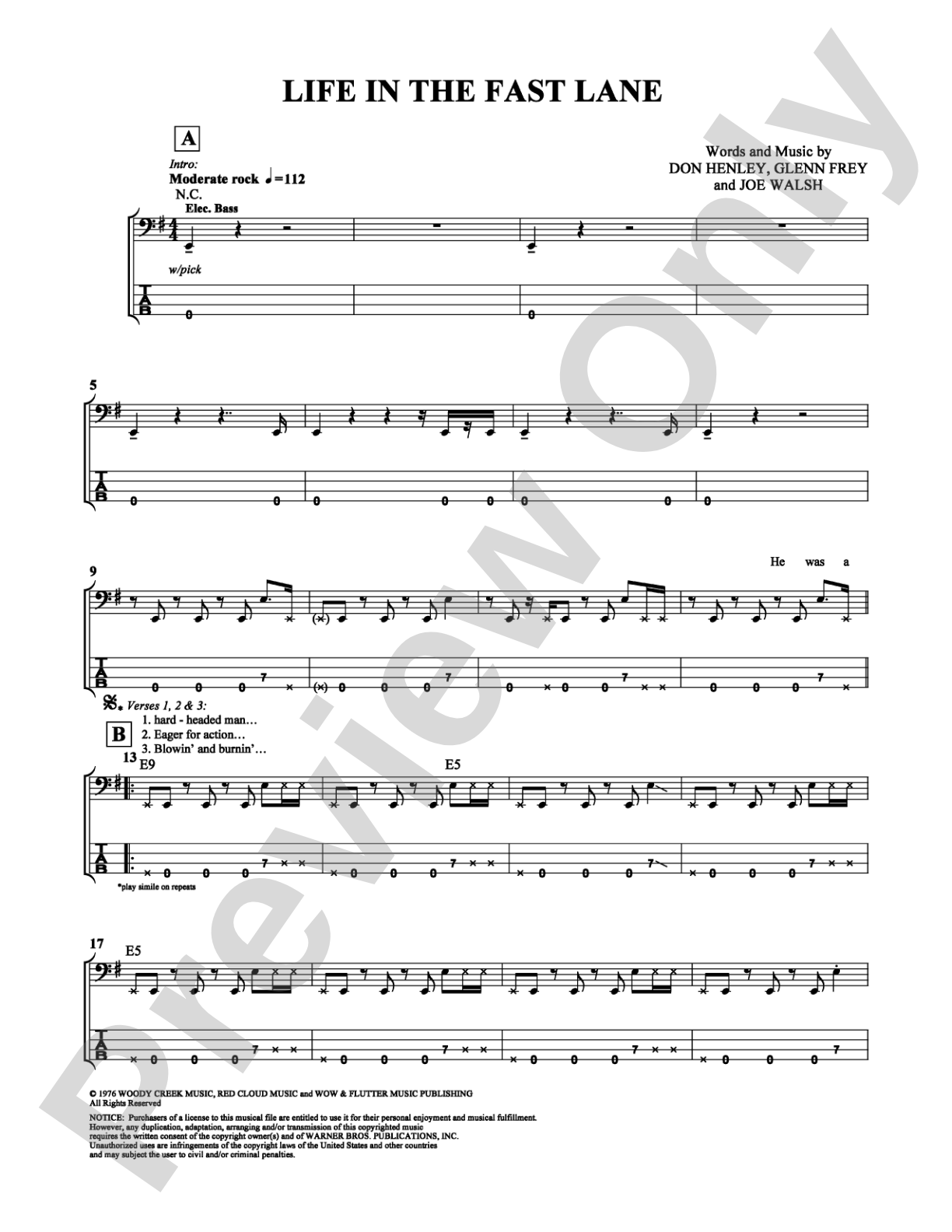 Life in the Fast Lane: Bass TAB Digital Sheet Music