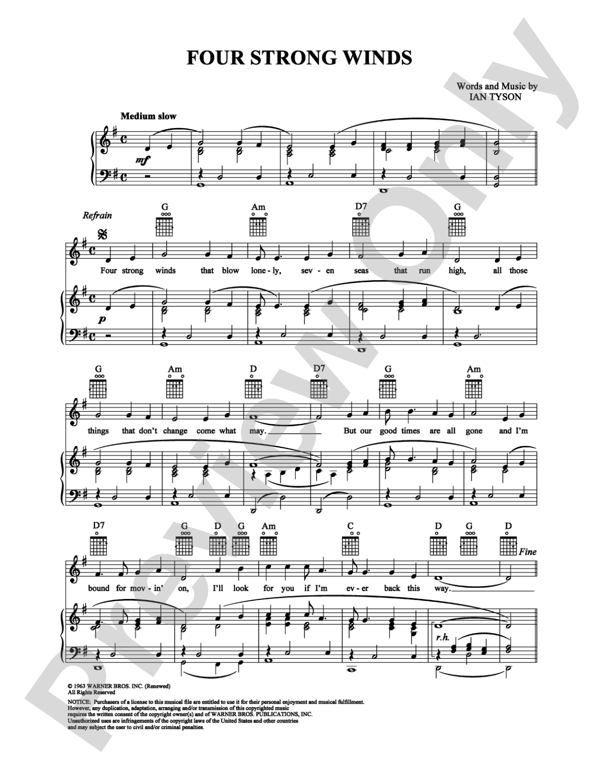 Four Strong Winds: Piano/Vocal/Chords Digital Sheet Music