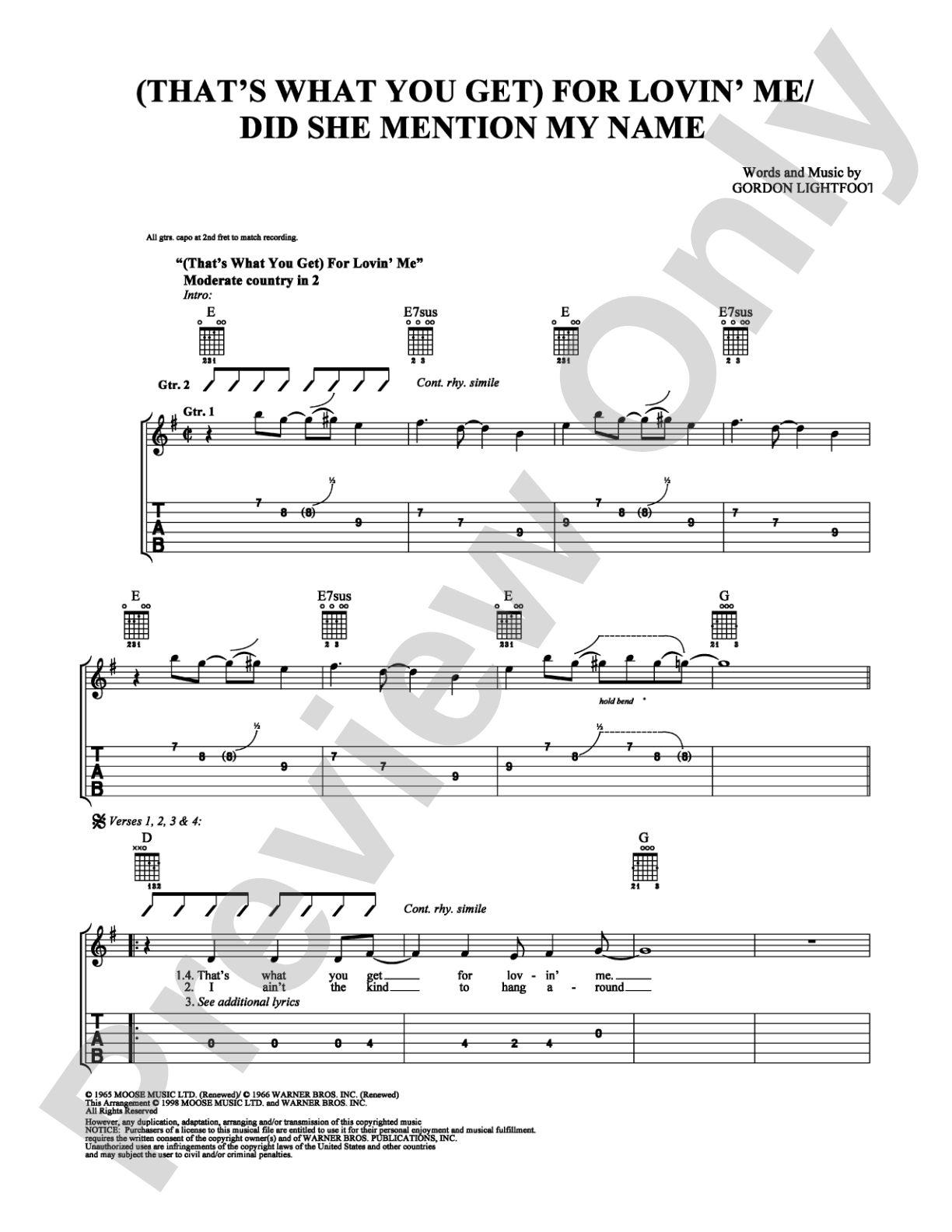 (That's What You Get) For Lovin' Me/Did She Mention My Name: Easy Guitar Digital Sheet Music