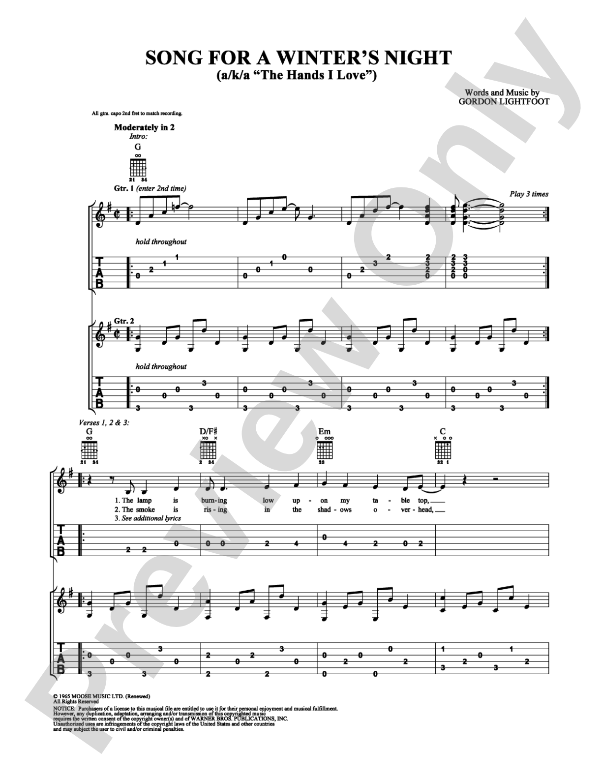 Song for a Winter's Night: Easy Guitar Digital Sheet Music