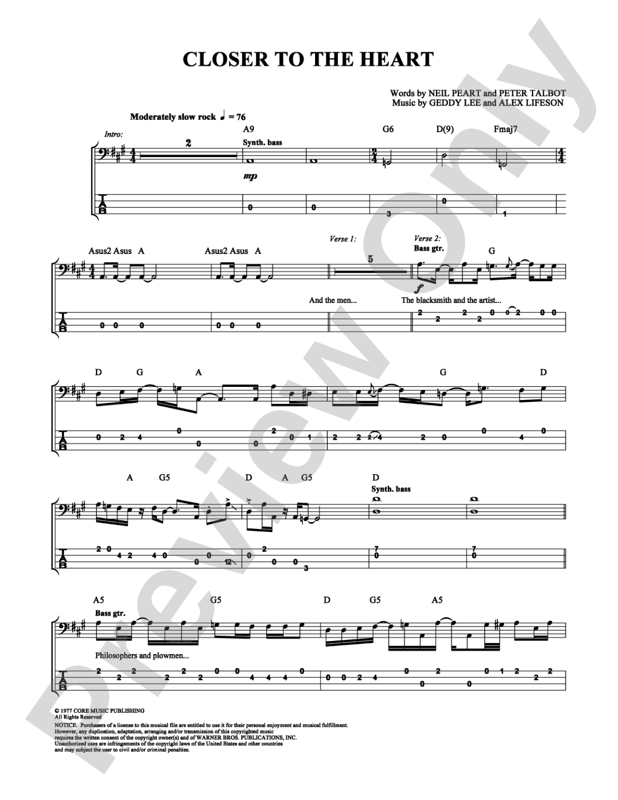 Closer to the Heart: Bass TAB Digital Sheet Music