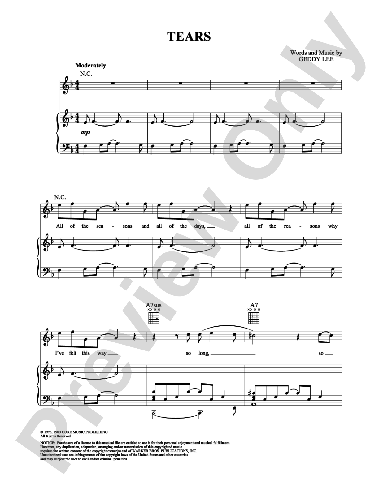 Tears: Piano/Vocal/Chords Digital Sheet Music