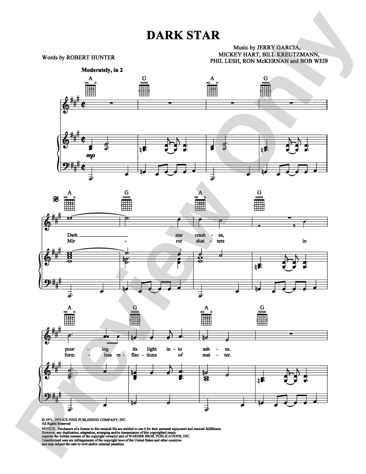Dark Star: Piano/Vocal/Chords Digital Sheet Music