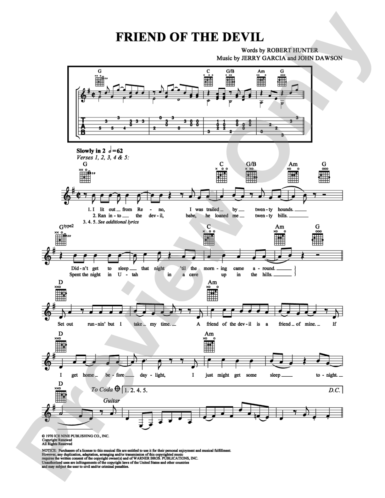 Friend of the Devil: Easy Guitar Digital Sheet Music