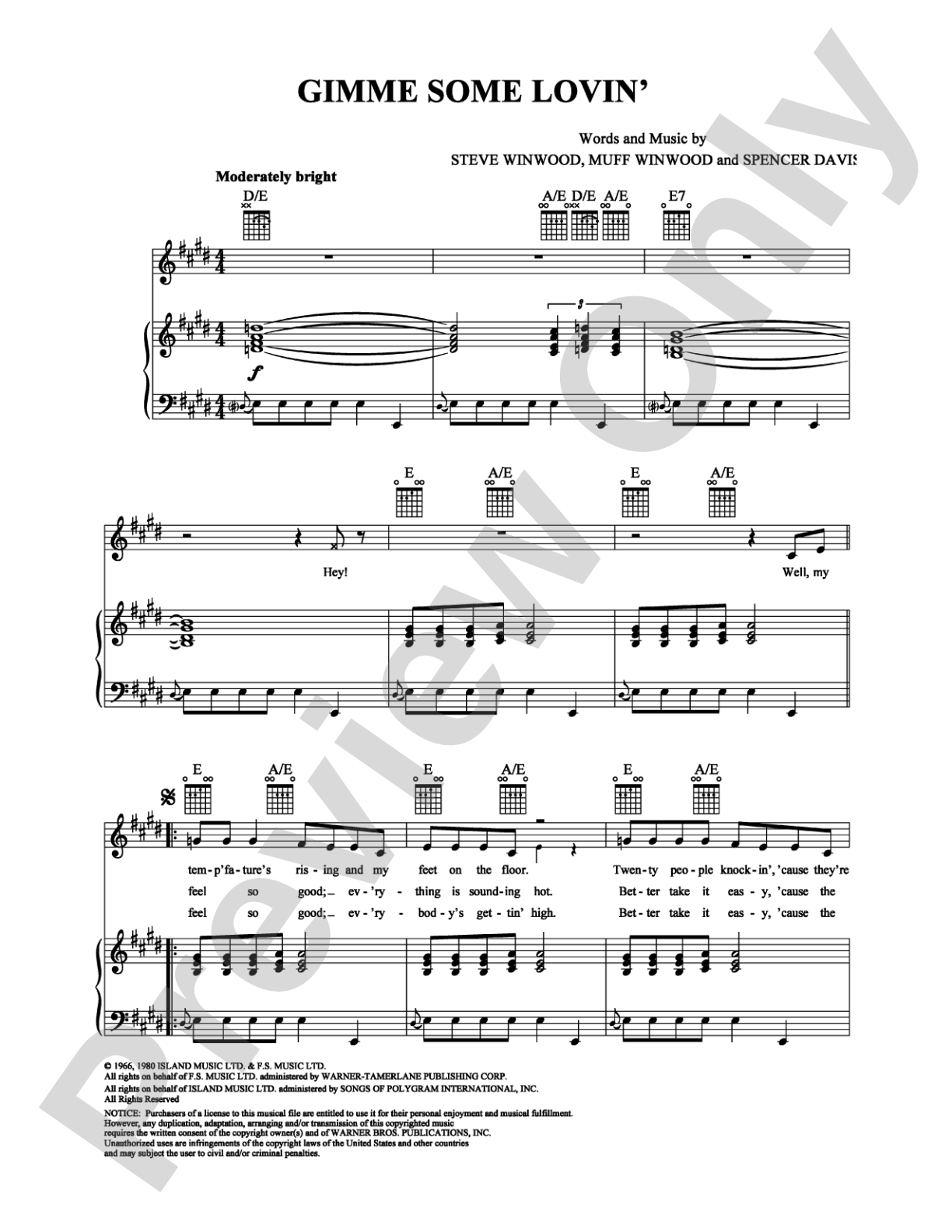 Gimme Some Lovin': Piano/Vocal/Chords Digital Sheet Music