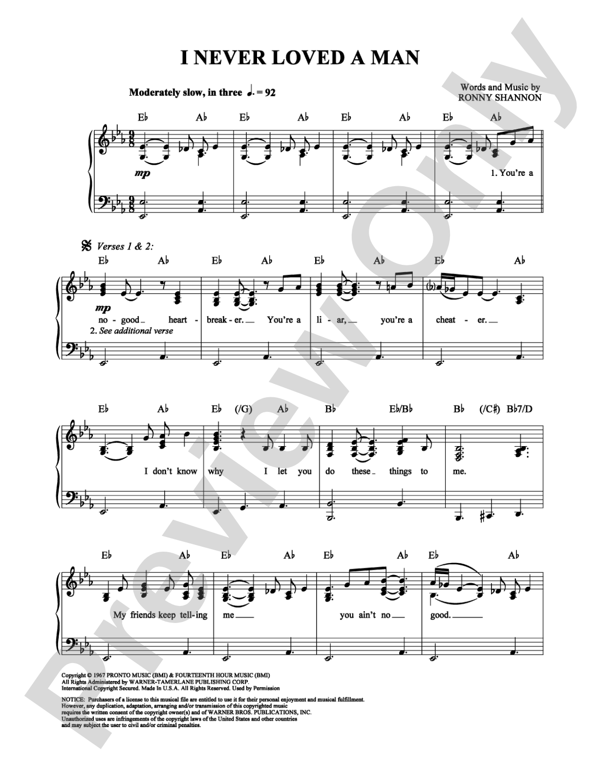 I Never Loved a Man: Piano/Vocal/Chords Digital Sheet Music