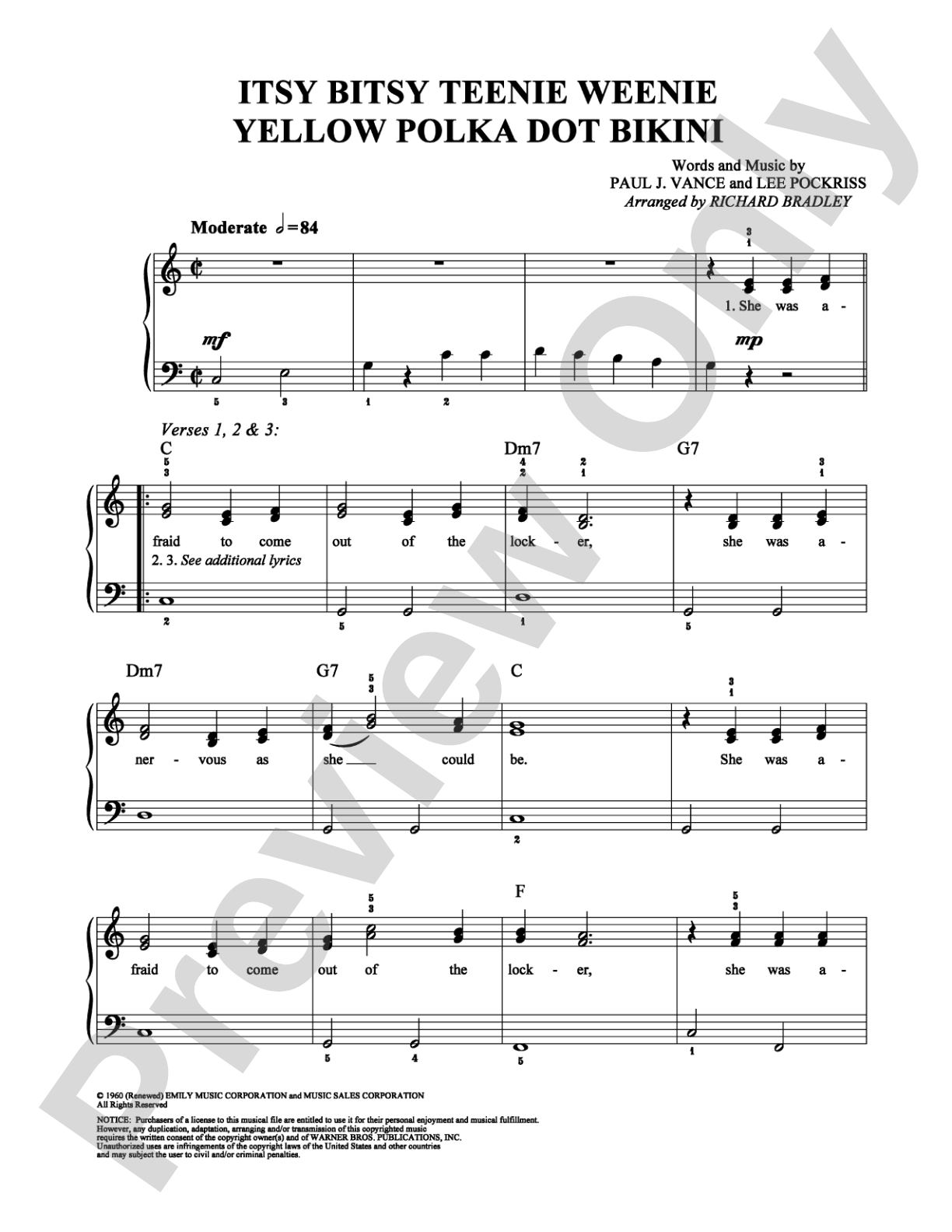 Itsy Bitsy Teenie Weenie Yellow Polka Dot Bikini: Easy Piano Digital Sheet Music