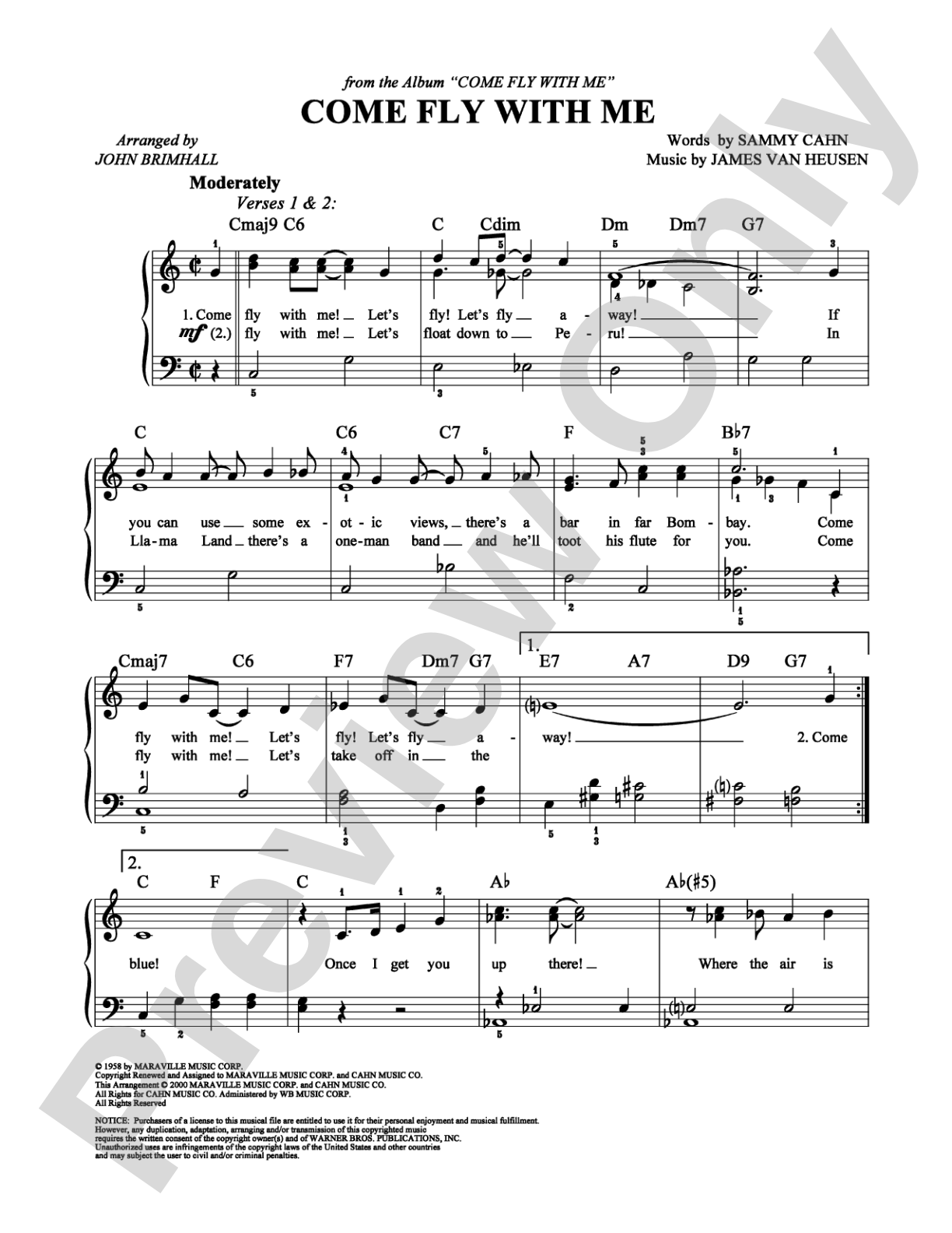 Come Fly With Me: Easy Piano Digital Sheet Music